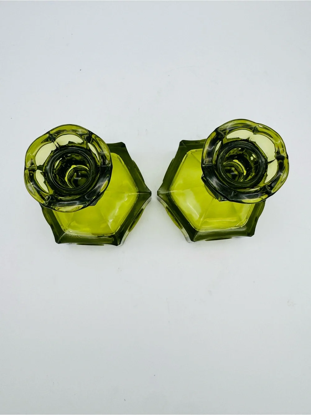 Vintage Fostoria Coin Dot Glass Set of Candleholders, Olive Green